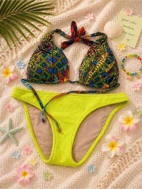 Neon Lime Bikini Set with Multicolor Tribal Print Top